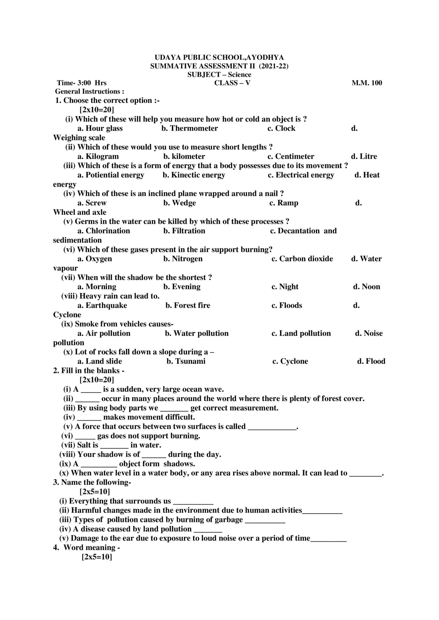 Final Exam Question Paper (2021-22) Date : 07-03-2022 – Udaya Public ...