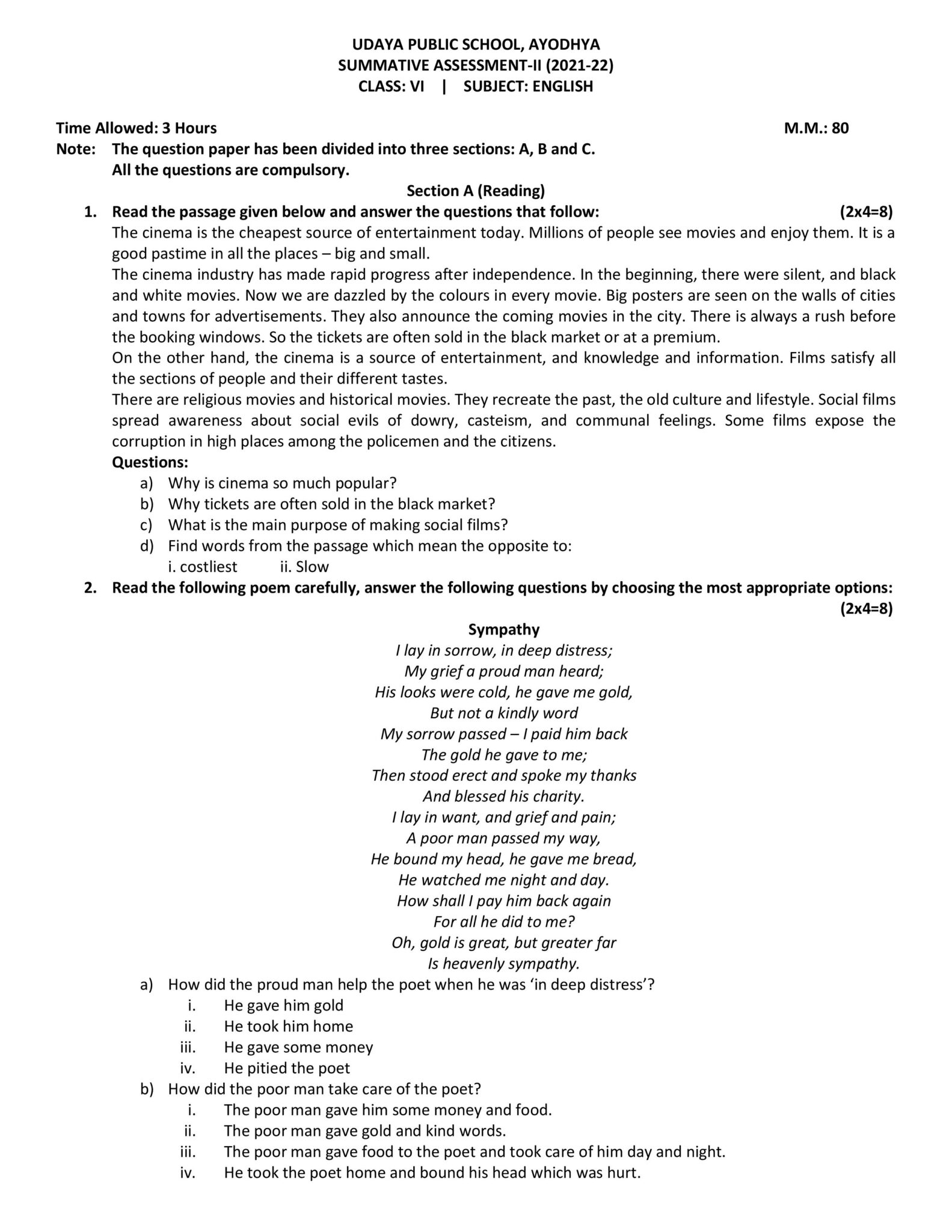 Final Exam Question Paper (2021-22) Date : 07-03-2022 – Udaya Public ...